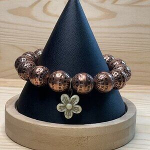 Copper Tone Square Etching Flower Dangle Charm Stretch Bracelet